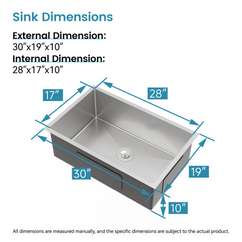 Stainless Steel Kitchen Sink, 30″x19″ Drop In Single Bowl, Undermount Handmade Sink in Brushed Nickel, with US Standard Drain and Hook, LS-SSBR05