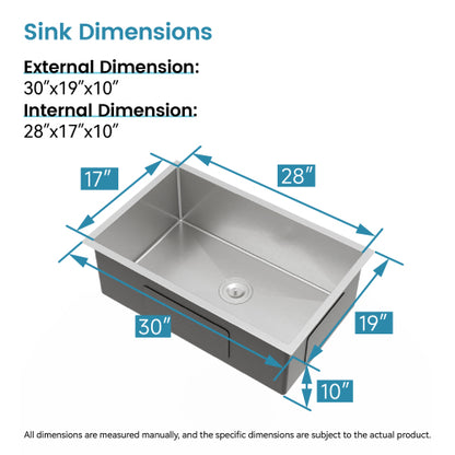 Stainless Steel Kitchen Sink, 30″x19″ Drop In Single Bowl, Undermount Handmade Sink in Brushed Nickel, with US Standard Drain and Hook, LS-SSBR05