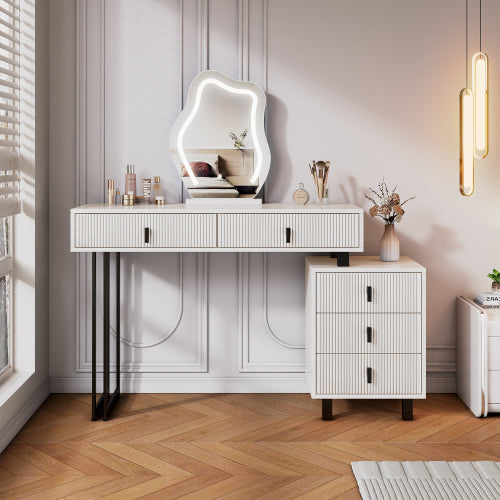 Adjustable-Length Vanity with Cloud LED Mirror - Modern Makeup Table with Storage Drawers & Side Cabinet, Ribbed Texture Design for Bedroom, Dorm & Small Spaces