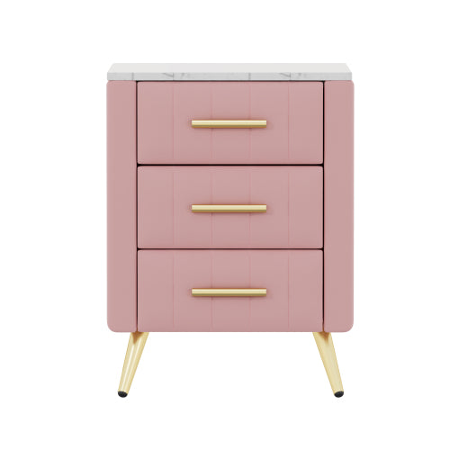 Upholstered Wooden Nightstand with 3 Drawers and Metal Legs&Handles, Bedside Table with Marbling Stickers Worktop - Pink
