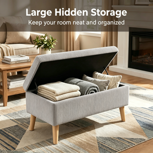 32 inch Beige Corduroy Storage Ottoman Bench with Flip Top