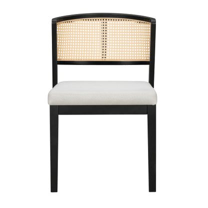 Set of 2 Rattan Dining Chairs with Upholstered Seat, Curved Rattan Back and Rubber Wood Frame, Black