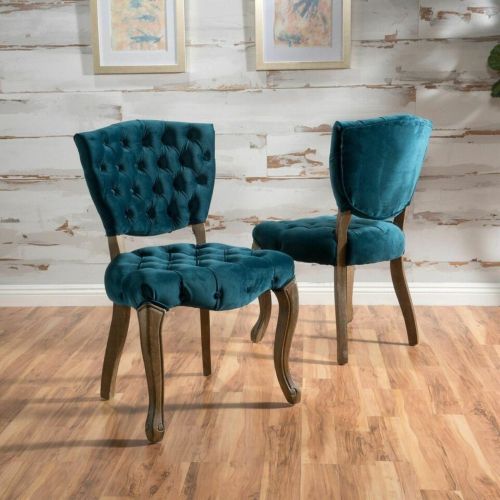 Tufted Velvet-Look Dining Chairs with Carved Wood Legs, Set of 2, Teal