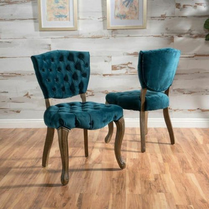 Tufted Velvet-Look Dining Chairs with Carved Wood Legs, Set of 2, Teal