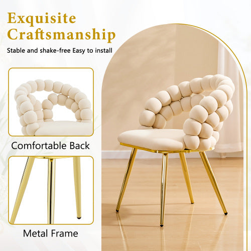 2 Pack Beige Velvet Dining Chairs, Bubble Cushion Back Accent Chairs with Gold Finished Metal Legs