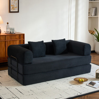 Corduroy Convertible Sleeper Sofa-Bed Fixed-Shape Metal-Frame Floor Lounge Couch with Cylindrical Pillow No-Assembly