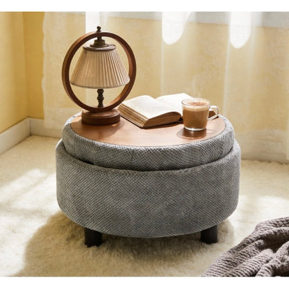 25 Inch Round Storage Ottoman, Light Grey Tufted Fabric