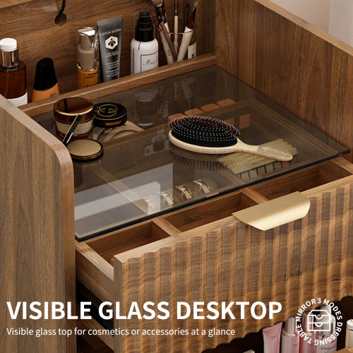 Walnut 3?in?1 Flip?Top Vanity Desk with Rolling Stool, LED Lights & Fluted Drawer