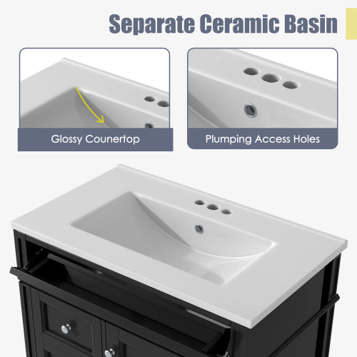30'' Bathroom Vanity with Top Sink, Modern Bathroom Storage Cabinet with 2 Drawers and a Tip-out Drawer, Single Sink Bathroom Vanity