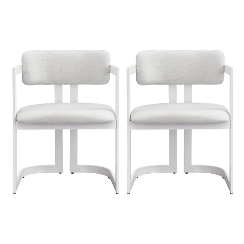 Set of 2 Beige Fabric Arm Dining Chairs, White Iron Metal Frame 265 LBS Weight Capacity