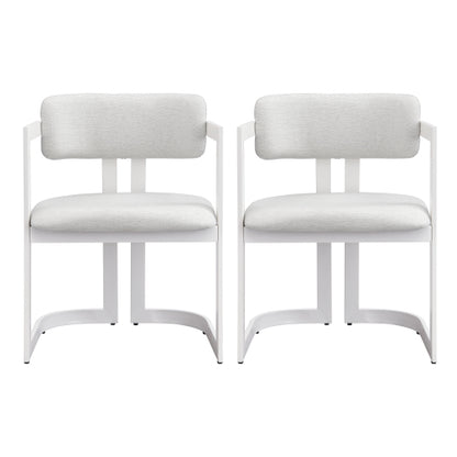 Set of 2 Beige Fabric Arm Dining Chairs, White Iron Metal Frame 265 LBS Weight Capacity