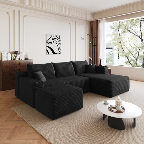 95-Inch Black Plush Corduroy U-Shaped Cloud Sectional Sofa with 1 Ottoman, Deep-Seat Corner Couch No-Assembly for Living-Room