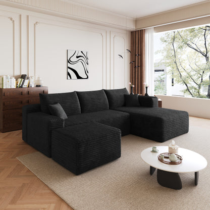 95-Inch Black Plush Corduroy U-Shaped Cloud Sectional Sofa with 1 Ottoman, Deep-Seat Corner Couch No-Assembly for Living-Room