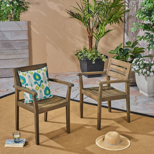 Set of 2 Grey Acacia Wood Outdoor Patio Arm Dining Chairs, Weather Resistant Garden Backyard Chairs 350 LBS Load
