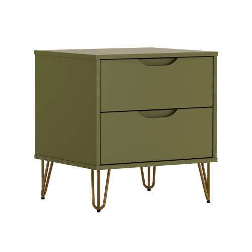 Olive Green Modern Nightstand, 2 Drawers & Metal Legs