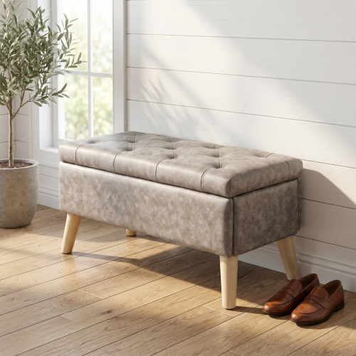 32 Inch Square Storage Ottoman Bench with Built-in Tray, Upholstered Footrest, Modern Multi-Functional End of Bed Bench