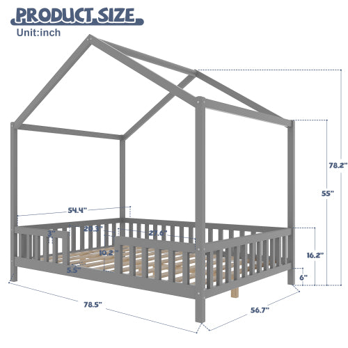 Montessori Floor Bed with Canopy, Full Bed Frame for Kids, House Shape Toddler Bed Frame with High Railings, Wood Kids Bed with Roof, Kid Full Bed, Grey