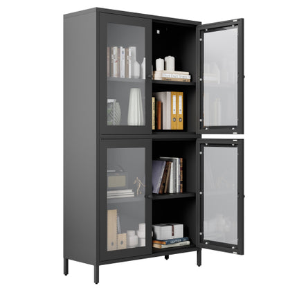 Black Classic 4-Glass-Door Metal Storage Cabinet Adjustable Shelf Home Office Display Cabinet