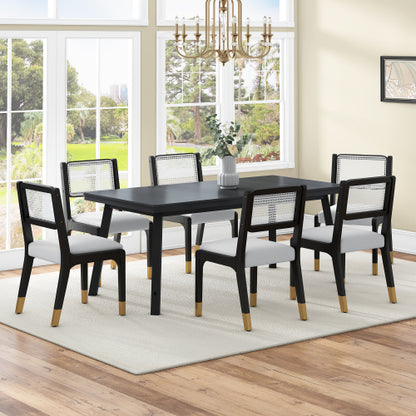 Set of 2 Modern Farmhouse Dining Chairs with Rattan Back, PU Leather Seat and Solid Wood Legs, Black