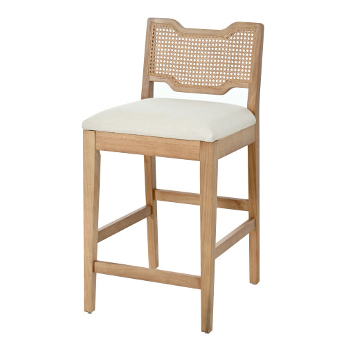 Set of 2 Natural Rubber Wood Farmhouse Rattan Back Counter Bar Stools, Beige Fabric 27.9inch  Seat Height Armless Stools