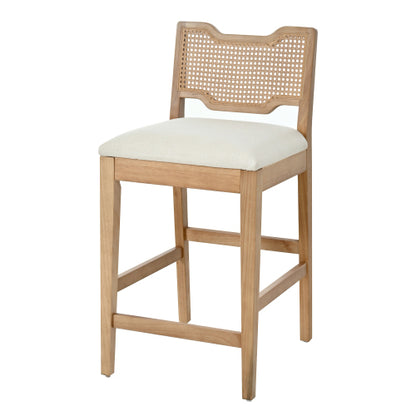 Set of 2 Natural Rubber Wood Farmhouse Rattan Back Counter Bar Stools, Beige Fabric 27.9inch  Seat Height Armless Stools