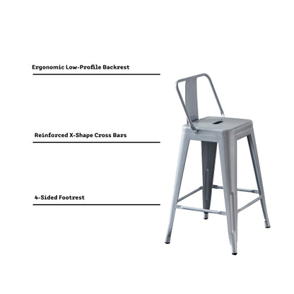 Modern Light Weight Industrial Contemporary Rustic Vintage Costal Metal Barstools with Bucket Back and 4 Leg Design, Seat Bar Stools (Set of 2) (24" Seat, Distressed White)
