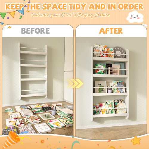 4-Tier Wall-Mounted Kids Bookshelf Anti-Tip Design High Safety Space-Saving Nursery Toy Book Organizer