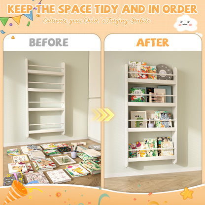 4-Tier Wall-Mounted Kids Bookshelf Anti-Tip Design High Safety Space-Saving Nursery Toy Book Organizer