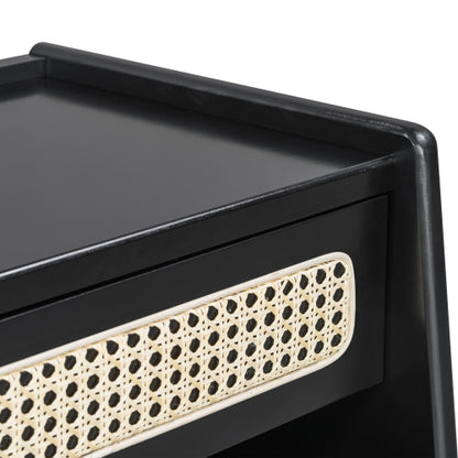 Black Nightstand with Rattan Detail, MDF + Solid Wood, Modern Bedroom Storage, Open Shelf & Drawer, Indoor Furniture