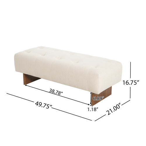 Beige Tufted Rectangular Linen Ottoman Bench, Upholstered Fabric Foot Stool with Rubber Wood Legs for Entryway & Bedroom