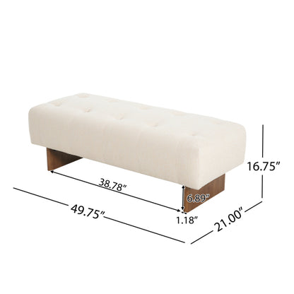 Beige Tufted Rectangular Linen Ottoman Bench, Upholstered Fabric Foot Stool with Rubber Wood Legs for Entryway & Bedroom