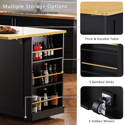 53inch Large Kitchen Island with 2 Bar Stools, Power Outlet,Door Internal Storage Rack, Kitchen Storage Cart on 5 Wheels with Drop Leaf, 5 Open Side Racks, 3 Drawers,Black (Three Packages)