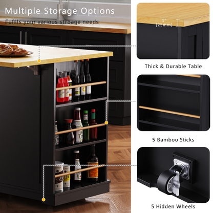 53inch Large Kitchen Island with Drop Leaf, Power Outlet, Door Internal Storage Rack, Rolling Kitchen Cart on 5 Wheels with 5 Open Side Racks for Kitchen, Dining Room,Black(Not include bar stools)