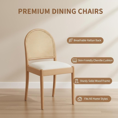 Set of 2 Beige Rattan Back Linen Dining Chairs, Solid Wood Leg Teddy Cushion 275lbs Capacity