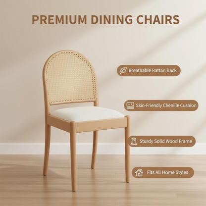 Set of 2 Beige Rattan Back Linen Dining Chairs, Solid Wood Leg Teddy Cushion 275lbs Capacity
