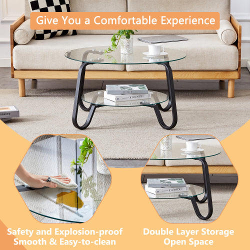 31.5 Inch Retro Double-Layer Tempered Glass Coffee Table, Metal Frame Compact Accent Table for Home Office
