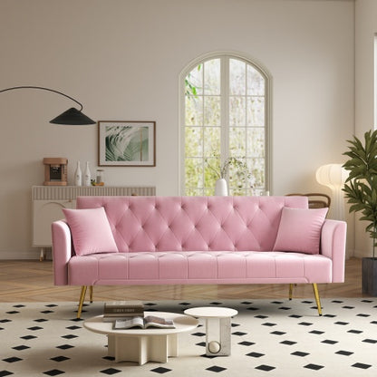 72 inch  Pink Velvet American-Retro Convertible Foldable Sleeper Sofa Bed