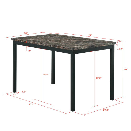5-Piece Black Metal Dining Set, Faux Marble Top Table & 4 Dark Brown Faux Leather Chairs