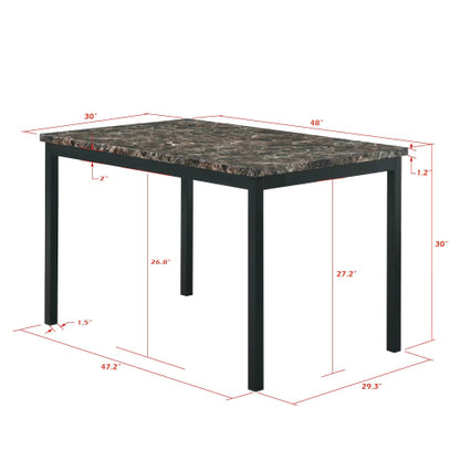 5-Piece Black Metal Dining Set, Faux Marble Top Table & 4 Dark Brown Faux Leather Chairs
