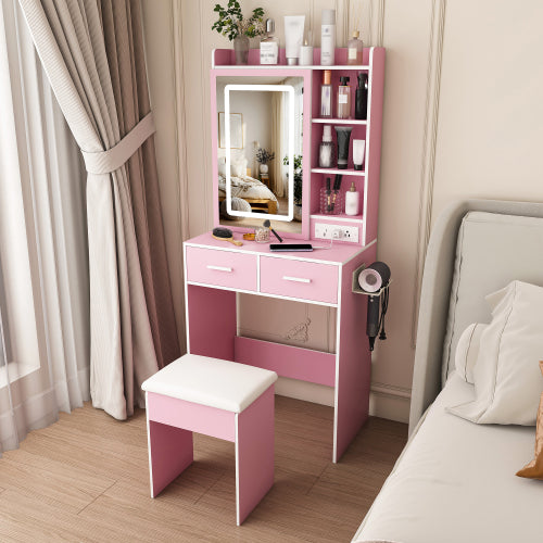 Pink Small LED Vanity Desk, Built in USB?AC Outlet, Hair Dryer Stand, Hidden Storage & Padded Stool