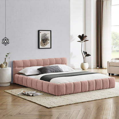 Queen Size Upholstered Bed Frame with Thick Fabric, Chenille Fabric Grounded Queen Size Platform Bed with Headboard and Solid Frame. No Box Spring Needed, PINK(68inch *86.5inch *23.5inch )