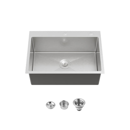 Stainless Steel Kitchen Sink, 27″x19″ Single Bowl, Overmount Handmade Sink in Dark Gray, with US Standard Drain and Hook