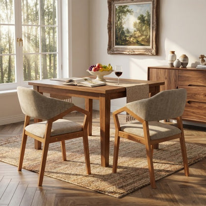Set of 2 Oatmeal Chenille Dining Armchairs with Bent Wood Frame, Upholstered Dining Chairs