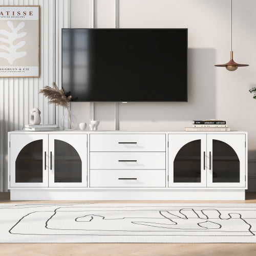68.9 Inch Minimalist MDF TV Stand Arched Glass Doors 3 Drawers 2 Cabinets for TVs Up To 75 Inch