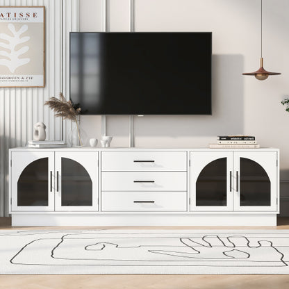 68.9 Inch Minimalist MDF TV Stand Arched Glass Doors 3 Drawers 2 Cabinets for TVs Up To 75 Inch
