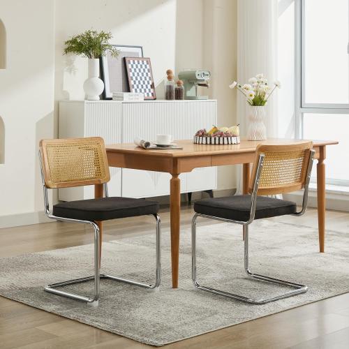 Set of 2 Black Cane Back Cantilever Dining Chairs, Velvet Upholstered Chrome Double Steel Pipe Base 360 LBS Capacity