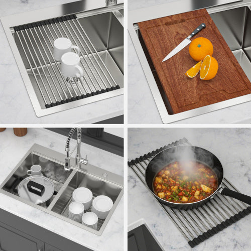 Topmount Drop in Kitchen Sink - 33" x 22" x 10" Double Bowl (50/50) Kitchen Sink 16 Gauge with Two 10" Deep Basin, Brushed Nickel