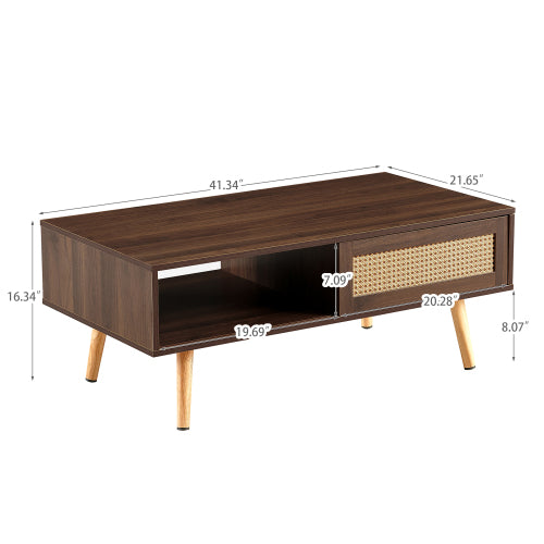 PE Rattan Coffee Table Sliding Door Storage Solid Wood Legs Walnut Accent Table