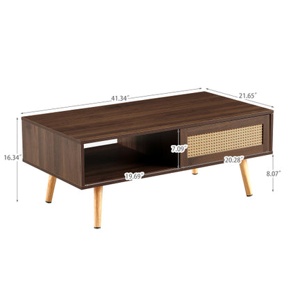 PE Rattan Coffee Table Sliding Door Storage Solid Wood Legs Walnut Accent Table