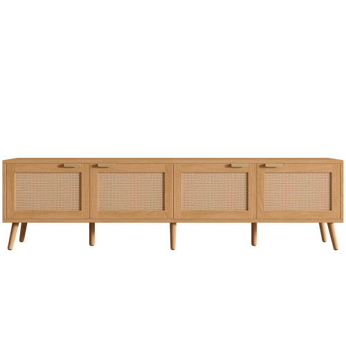 70.87 inch Natural Wood 4-Door PE Rattan TV Stand Media Console With Cable Holes For 80 inch TV